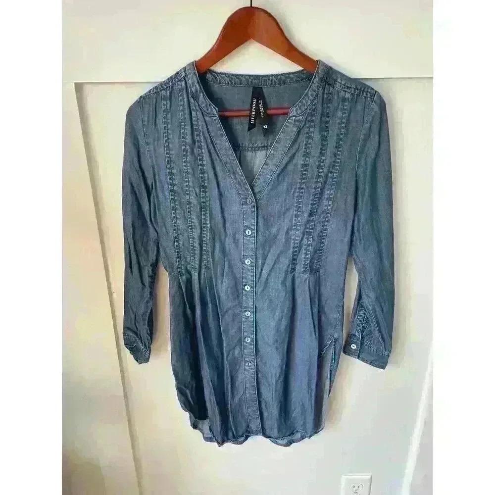 Liverpool V-Neck Button Down Denim Lyocell Tunic, sz XS